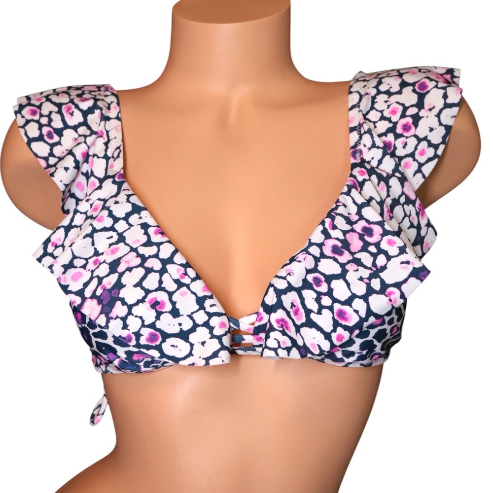 Raisins Ruffle Sleeve Lace-Up Back Bikini Top L Navy Floral Plunge NWT